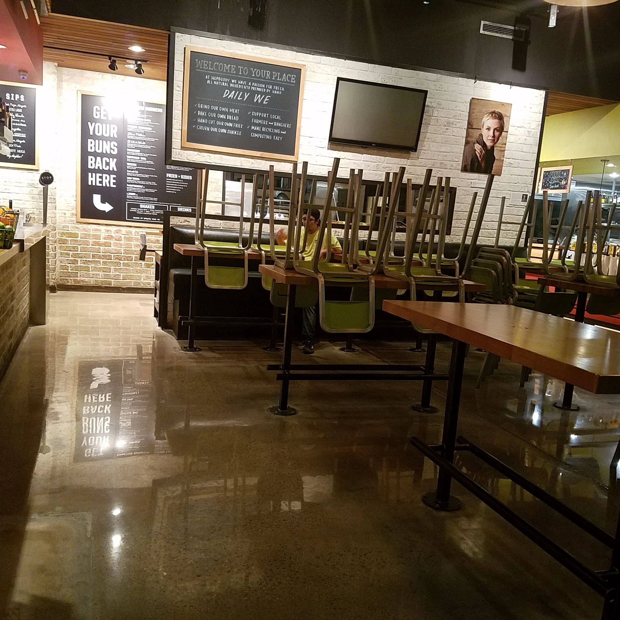 Modern restaurant interior with polished concrete flooring